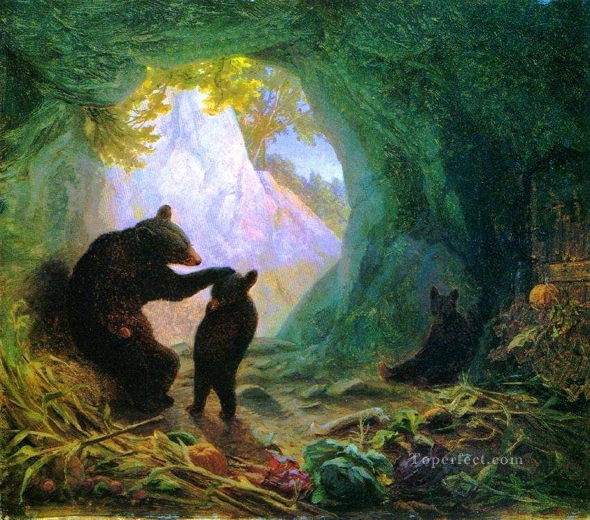 動物役の人間のクマとその子たち油絵
